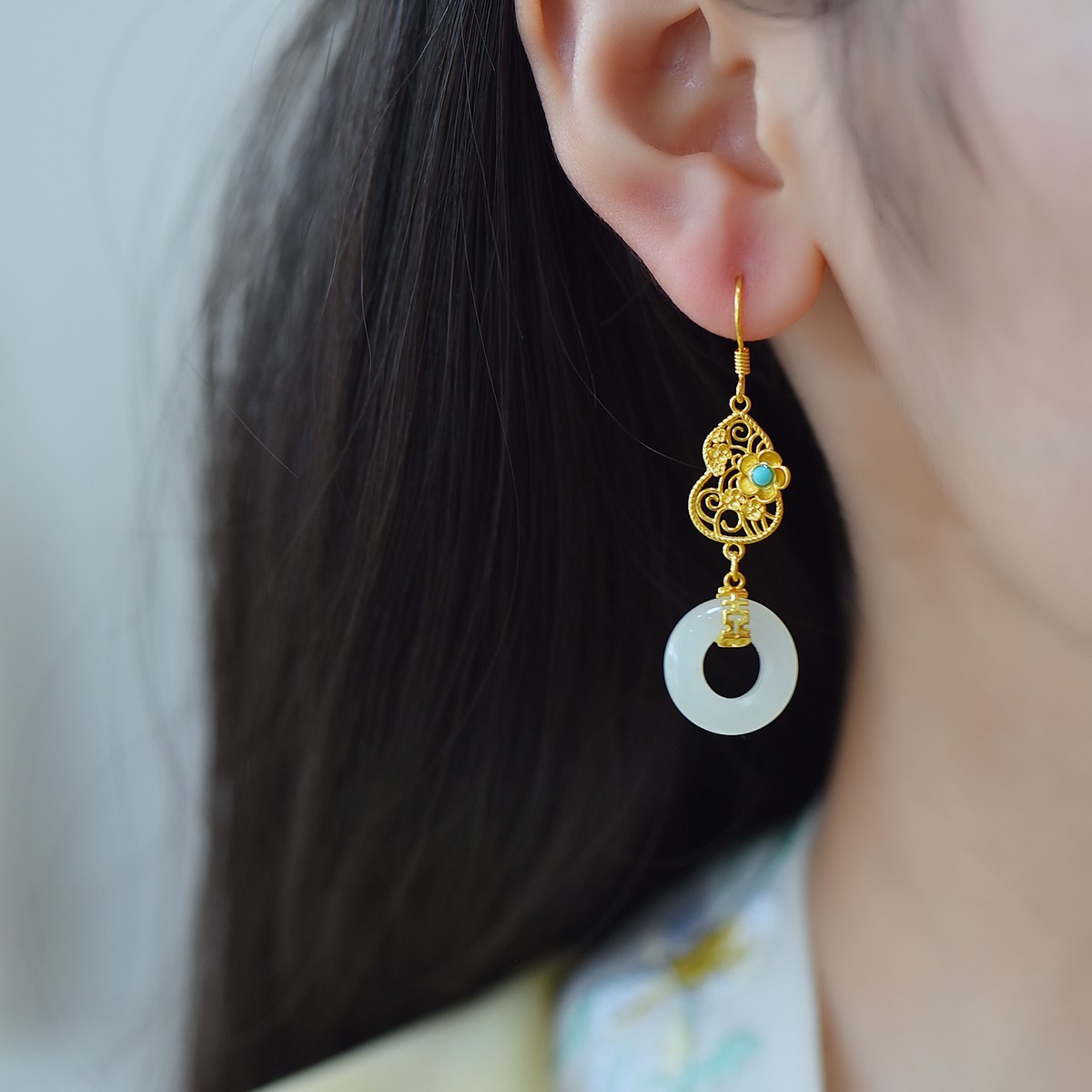 S925银镶嵌和田玉平安环葫芦耳坠