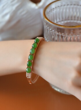 s925银和田玉碧玉手镯玫瑰金