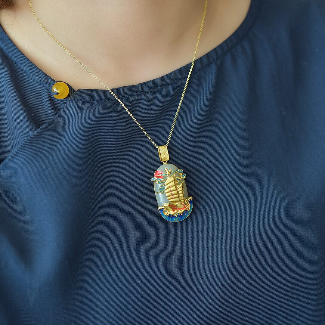 925银镶嵌和田玉一帆风顺珐琅吊坠玉石饰品颈饰送礼物高档风26813