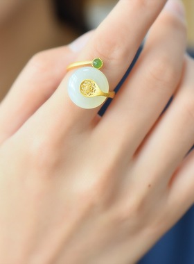 s925银镀金镶嵌新疆和田玉白玉平安扣指环复古气质开口福字女戒指
