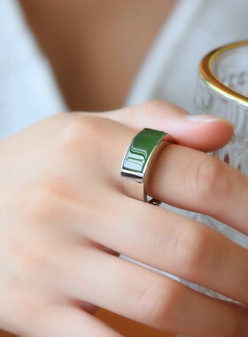 925银镶和田玉碧玉马鞍戒指男女碧玉色指环菠菜绿情侣款证书11402