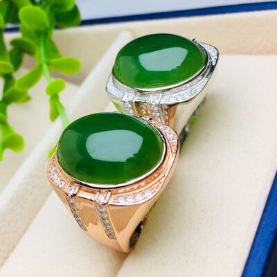 s925银镶和田碧玉蛋面戒指手饰镶钻天然石圆绿色和田玉玫瑰11375