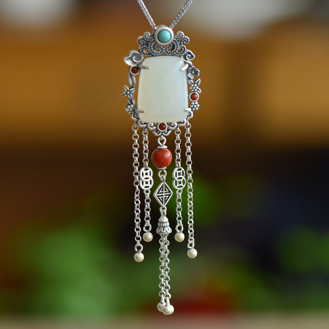 s925银镶和田玉复古平安牌配多宝大流苏吊坠配南红吊坠颈饰多宝