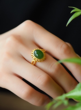 S925银古法银镶嵌和田玉碧玉蛋面戒指古风爆款椭圆形银饰手饰复古