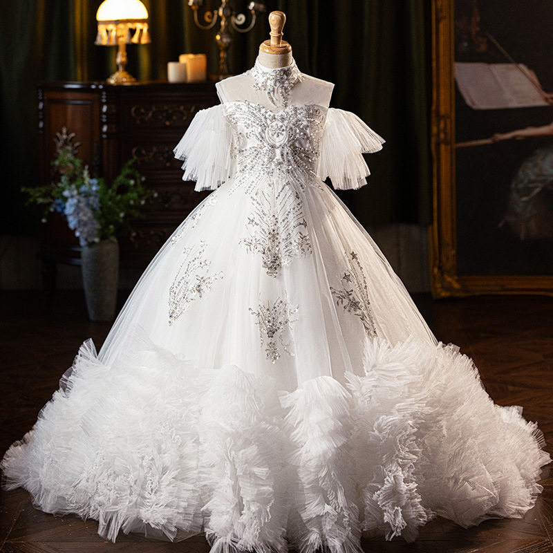 D2025新款女童婚纱走秀欧美风主持人钢琴演出服拖尾花童礼服公主