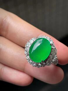 九鱼福珠宝天然翡翠A货18K金带钻阳绿满色蛋面戒指吊坠男女款