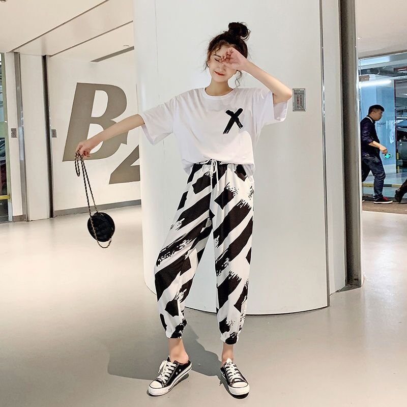 Suit women's summer net red new style personality fashion loose two piece wide leg pants Student Korean version nine point legged pants fashion