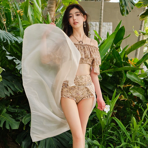 Ретро купальник для принцессы, топ с чашечками для отдыха, французский ретро стиль, цветочный принт, открытые плечи