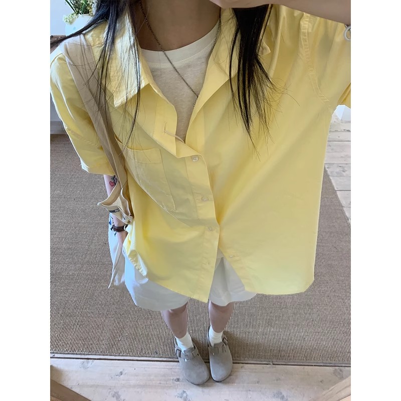 韩版温柔风奶黄色短袖衬衫女宽松防晒衬衣多巴胺穿搭情侣上衣新款