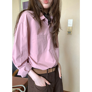 梅粉色翻领长袖衬衫女春新款通勤百搭宽松衬衣学院风叠穿上衣
