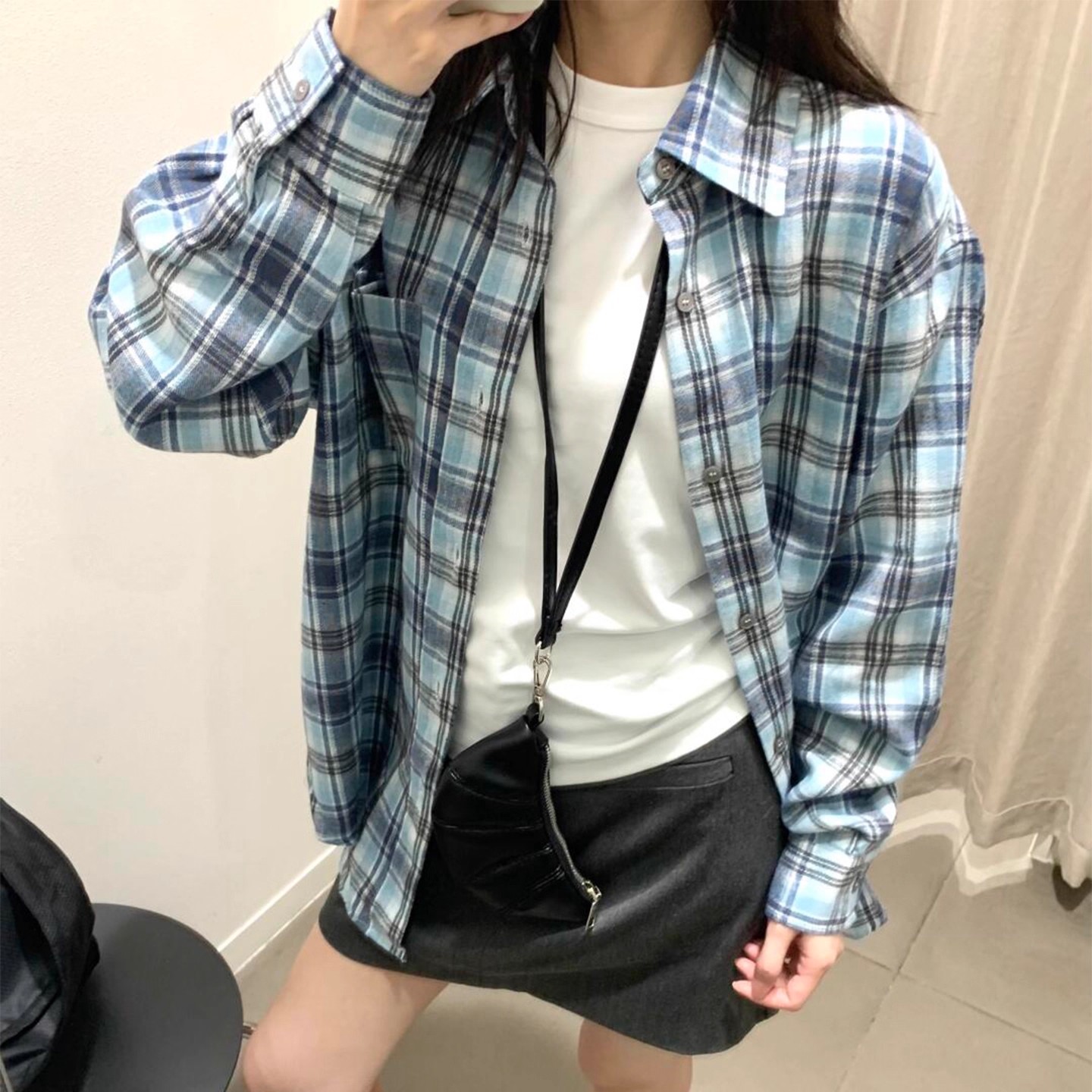 美式复古甜格宽松蓝色格子衬衫女鬼马少女bm长袖中长款休闲衬衣