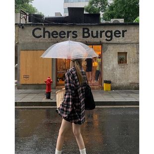 黑粉色格子衬衫复古美式春秋外套女宽松休闲设计感长袖bf风上衣