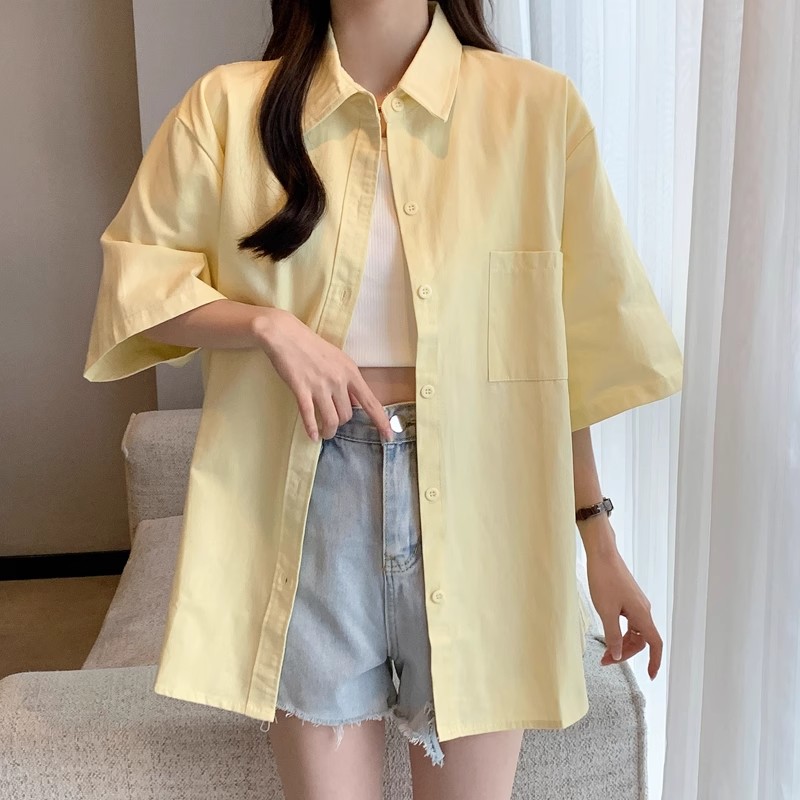淡黄色衬衫温柔气质夏季新款韩版宽松百搭防晒学生上衣港味盐系