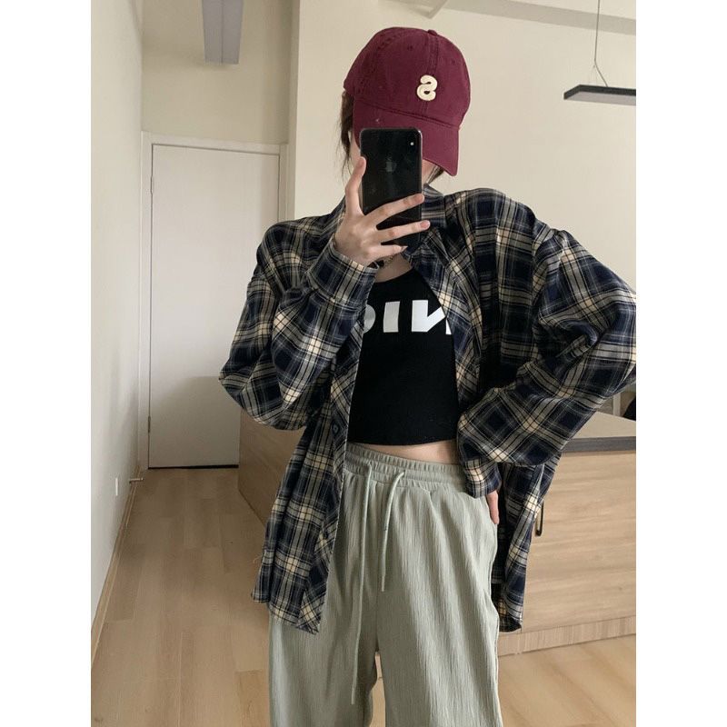 长袖格子衬衫春夏美式复古防晒衬衣宽松中长款休闲外搭外套慵懒风