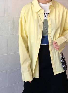 鹅黄色衬衫上衣BF风衬衣宽松纯色百搭开衫外套休闲长袖防晒衣女