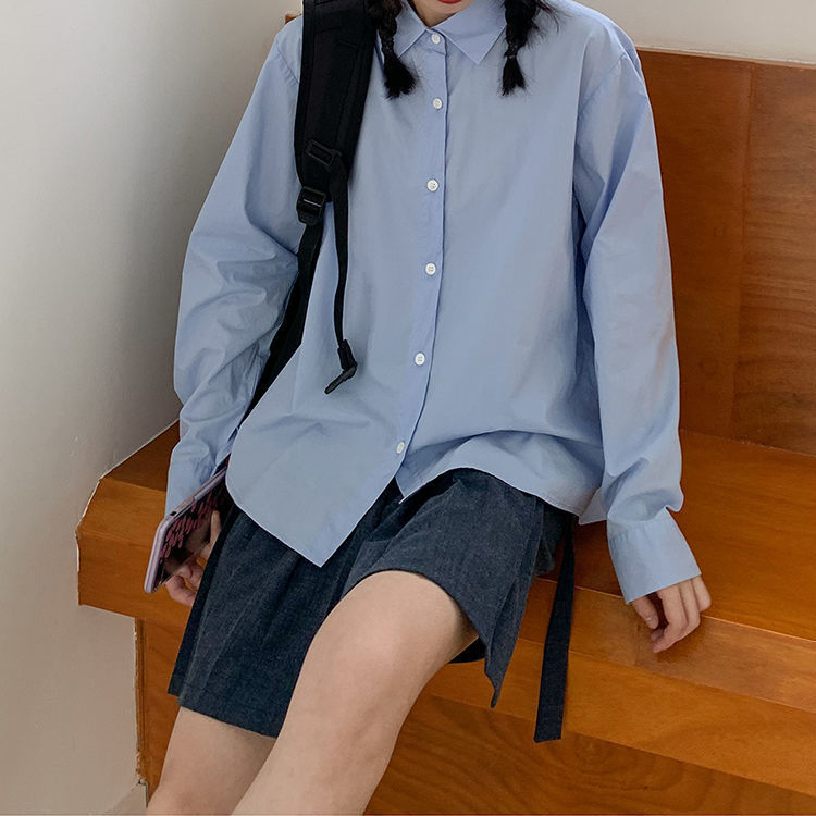 日系蓝色别致学院风衬衫韩版小清新休闲宽松长袖衬衣气质基础内搭