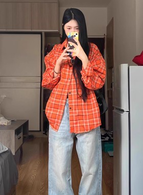 橙色宽松格子衬衫开衫上衣女复古休闲衬衣外套新款BF风中长款chic