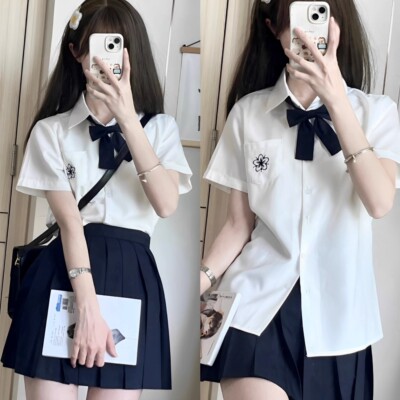 夏季jk制服白色学院风短袖衬衫女刺绣基础款衬衣休闲校供感上衣