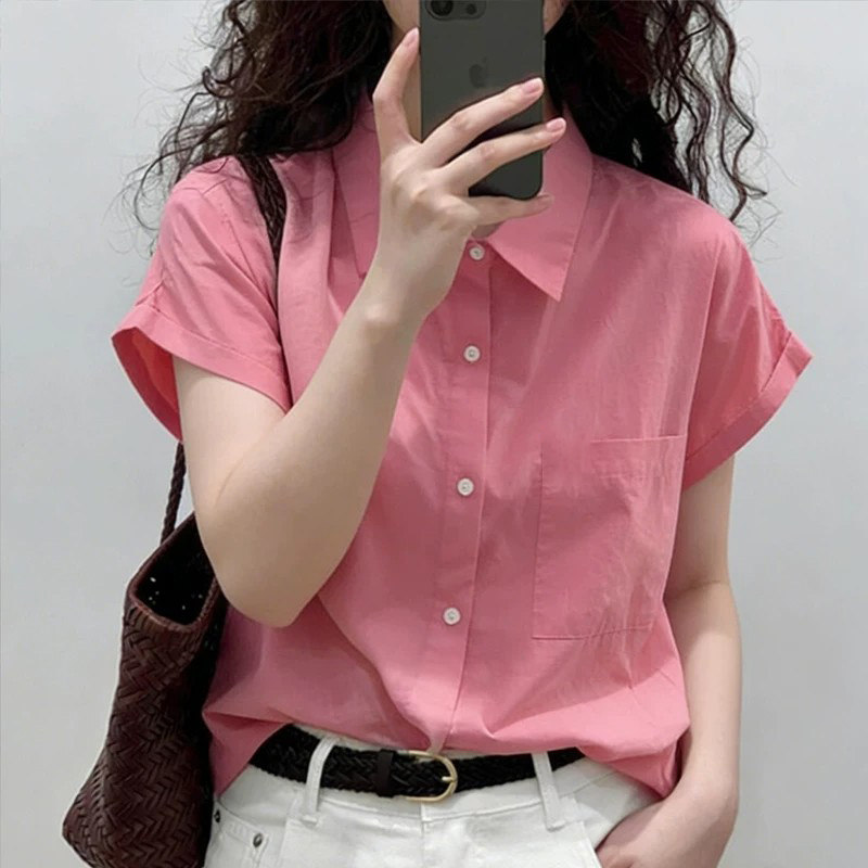 polo领高级感休闲气质短袖衬衫女夏季树莓粉新款宽松衬衣薄款上衣