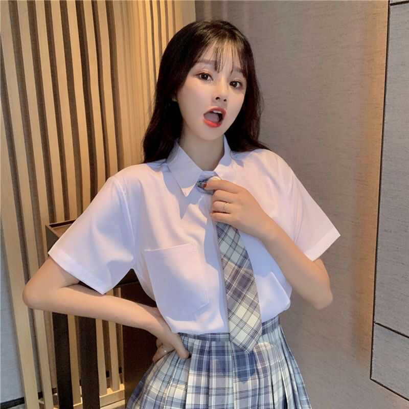显瘦格子领带白衬衫日系直筒女洋气翻领衬衣韩版简约通勤垂感上衣