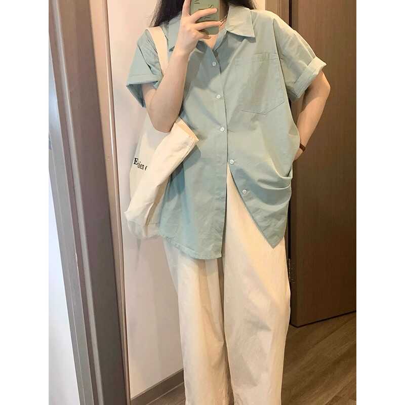 绿色衬衫女夏季2026新款港味开衫外搭宽松显瘦上衣外套短袖chic