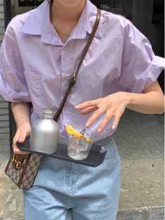 女翻领夏季 衬衫 百搭衬衣休闲高级感 气质温柔小清新浅紫色短袖 法式