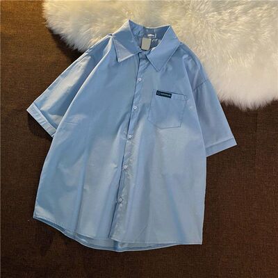 多色夏季半袖寸衫港风简约oversize韩版文艺上衣蓝色垂感衬衫外套