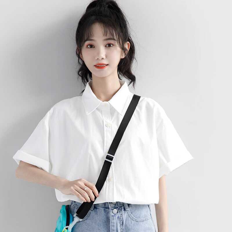 2026学院风白色短袖衬衫女休闲简约基础款百搭polo领上衣衬衣韩版