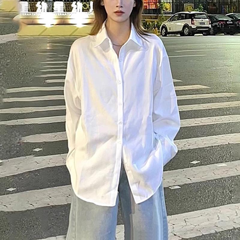 新款白色简约宽松翻领衬衫女百搭叠穿polo领外套中长款休闲上衣