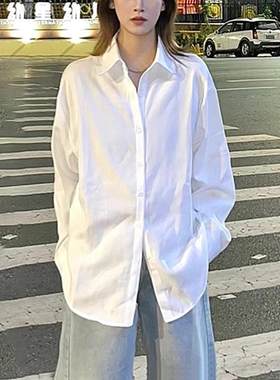 新款白色简约宽松翻领衬衫女百搭叠穿polo领外套中长款休闲上衣