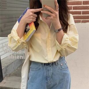 黄色长袖衬衫女宽松休闲春夏季小众别致翻领慵懒新款叠穿上衣衬衣