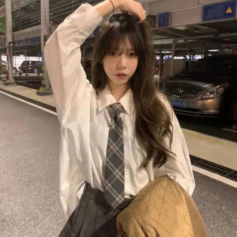 jk制服白色衬衫女打底衬衣内搭上衣领带学院风百搭长袖宽松外穿
