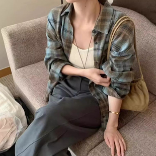 蓝色磨毛格子衬衫男女款复古宽松衬衣情侣外套穿搭上衣长袖上衣