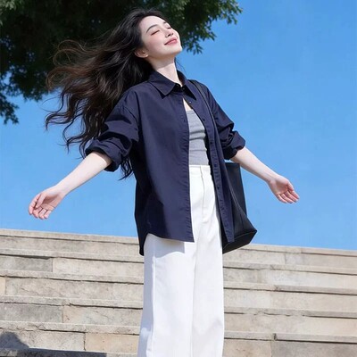2026秋季通勤穿搭藏蓝色衬衣外套气质高级感新款薄款衬衫上衣