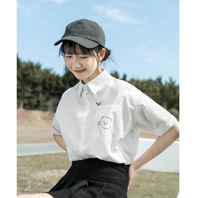 学生通勤面试小个子白色小众韩系别致宽松衬衫显瘦百搭jk制服短袖