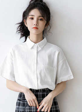 时尚宽松简约白色短袖衬衫polo领衬衣女学士服内搭小个子显瘦上衣