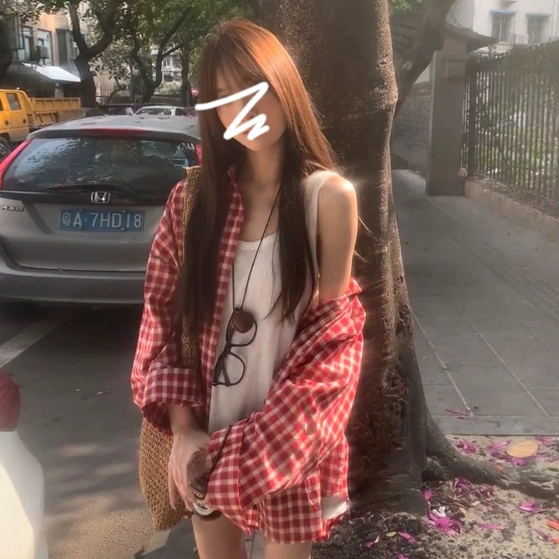 红色格子韩系设计感翻领长袖格子衬衫中长款新款防晒衬衣chic开衫