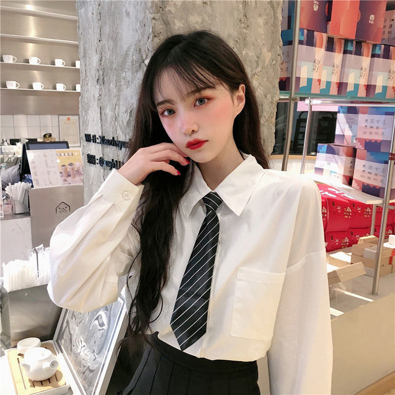 韩版小众条纹领带衬衣JK制服黑白色厌世系上衣通勤日系基础款长袖