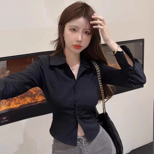 收腰黑色衬衫女长袖ol制服纯欲职业别致短款衬衣性感短款洋气上衣