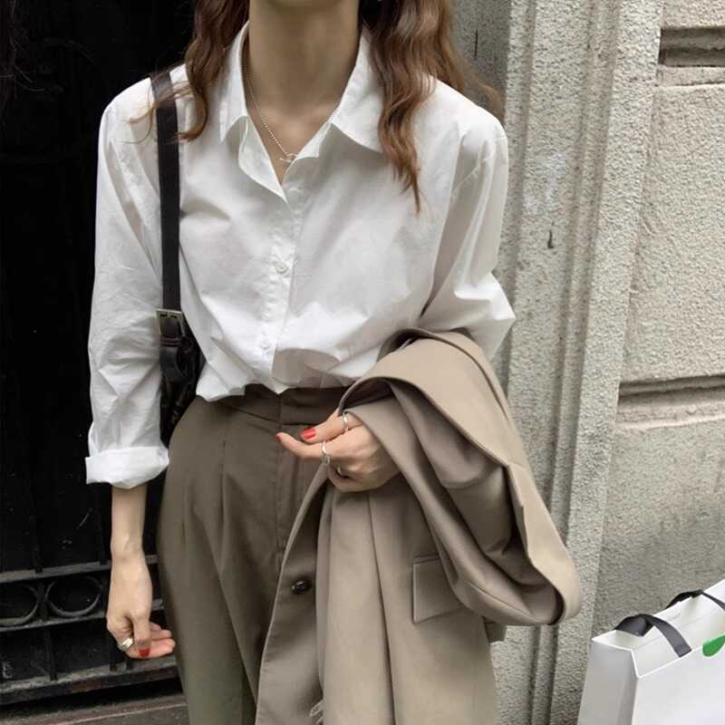 春秋新款白色长袖衬衫女韩范宽松百搭显瘦气质衬衣上衣洋气打底衫