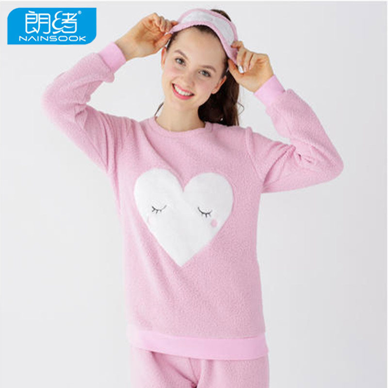 朗绪羊羔绒秋冬睡衣女新品超柔超细加绒加厚圆领休闲家居套