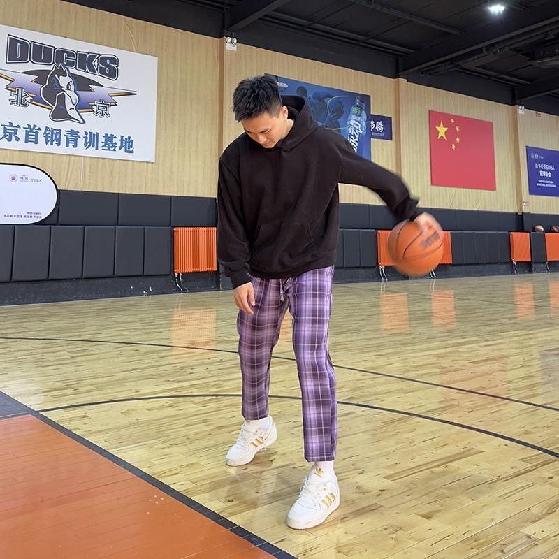 孟博龙格子裤速干夏季薄款宽松高弹条纹凉感健身运动篮球九分卫裤