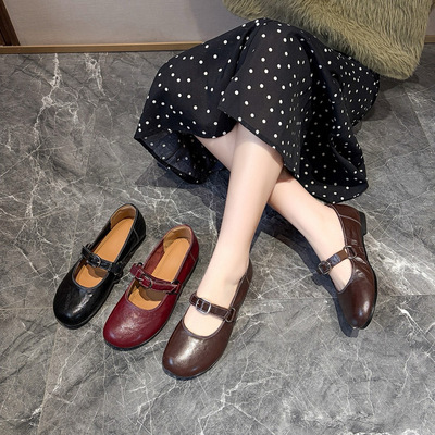 圆头平底鞋女2026春季新款一字扣浅口玛丽珍鞋复古懒人鞋女娃娃鞋