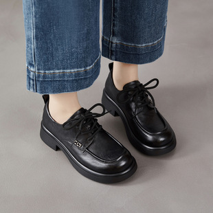 真皮鞋子女头层牛皮复古英伦系带中跟小皮鞋2025春季新款百搭单鞋