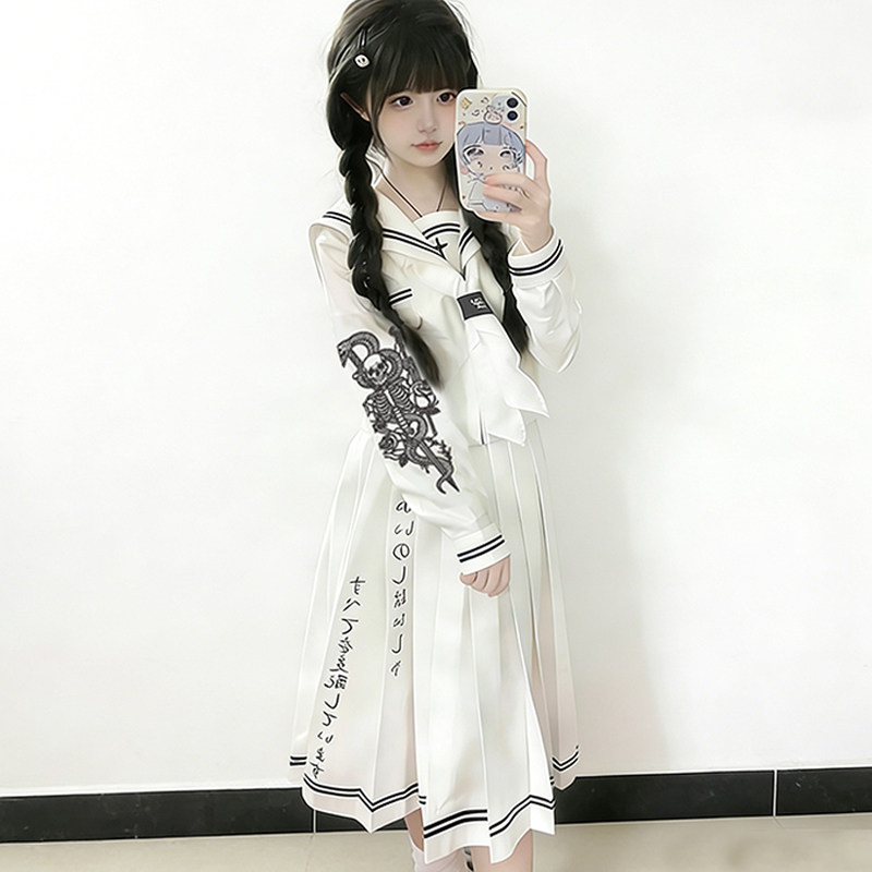 暗黑不良风水手服刺绣百褶裙套装