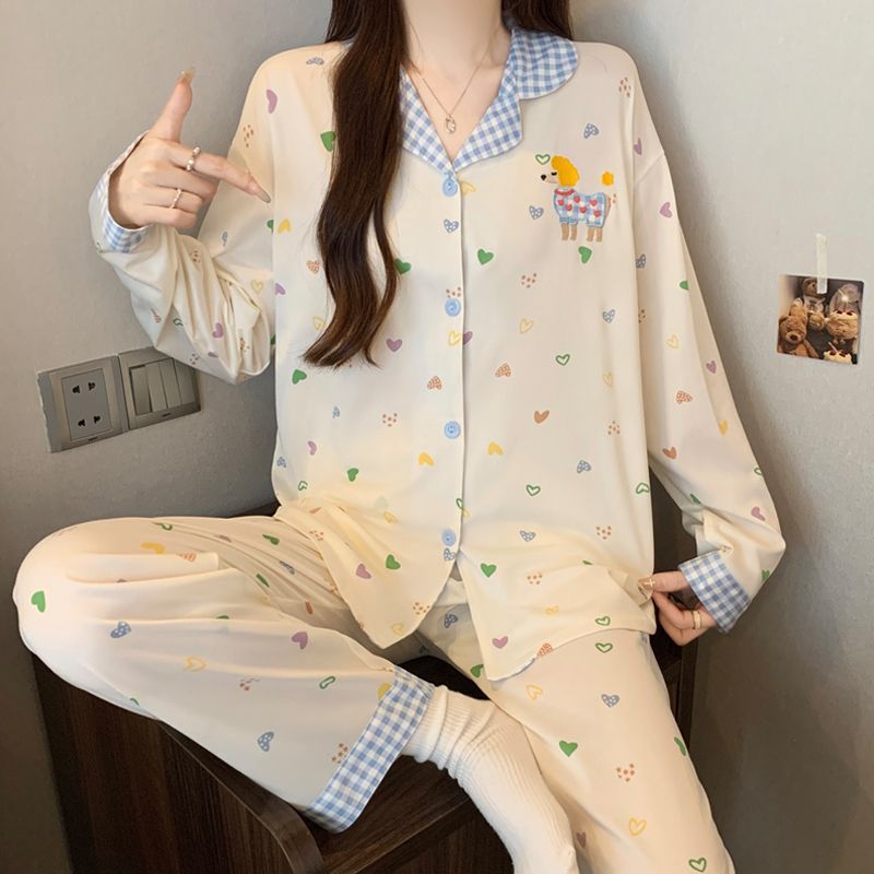 甜美少女爱心卡通长袖睡衣套装