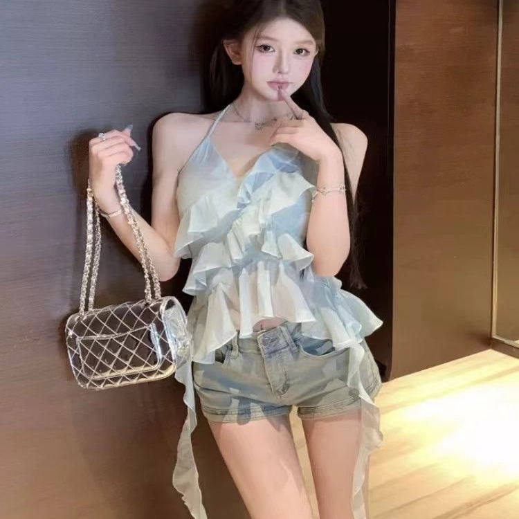 荷叶边挂脖吊带小背心女夏季修身不规则绝美纯欲短款蓝色上衣外穿
