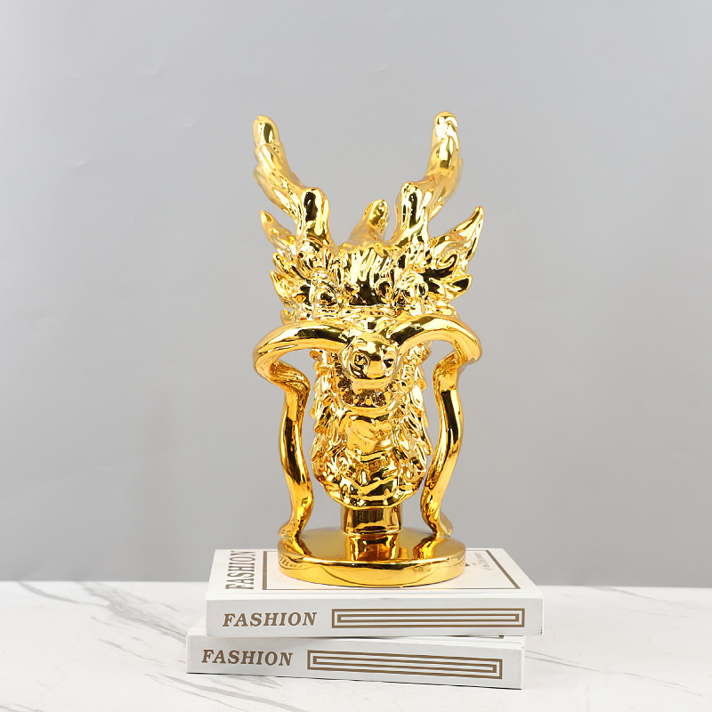 现代简约树脂电镀金色龙头雕塑艺术装饰摆件酒店电视柜家居装饰品