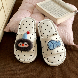 少女心吸汗棉布拖鞋透气不闷脚女企鹅小鱼卧室防滑四季通用地板鞋