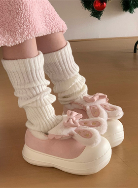 网红可爱兔耳朵保暖厚底面包鞋户外学生防滑加绒时尚lo棉鞋女士冬